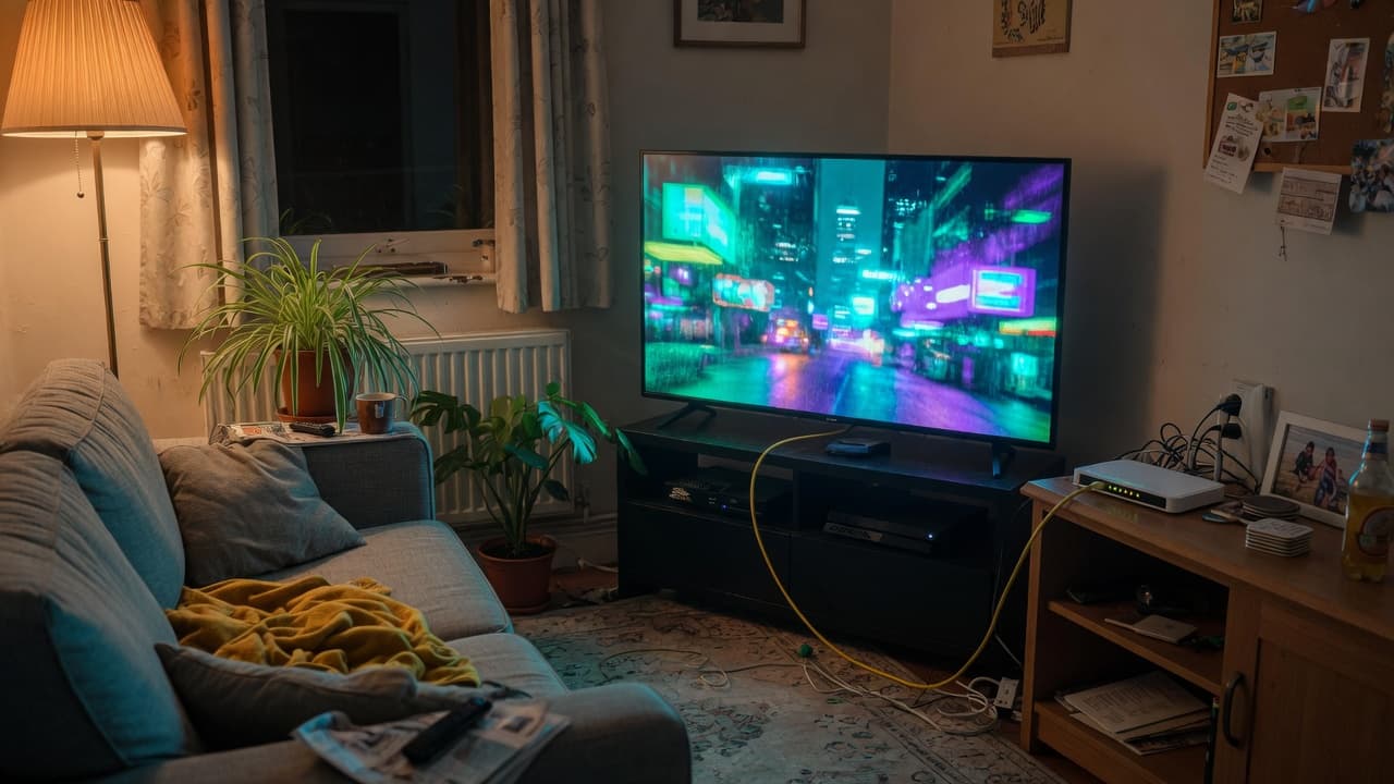 A current-generation console in a UK living room, connected to a broadband router with an Ethernet cable.