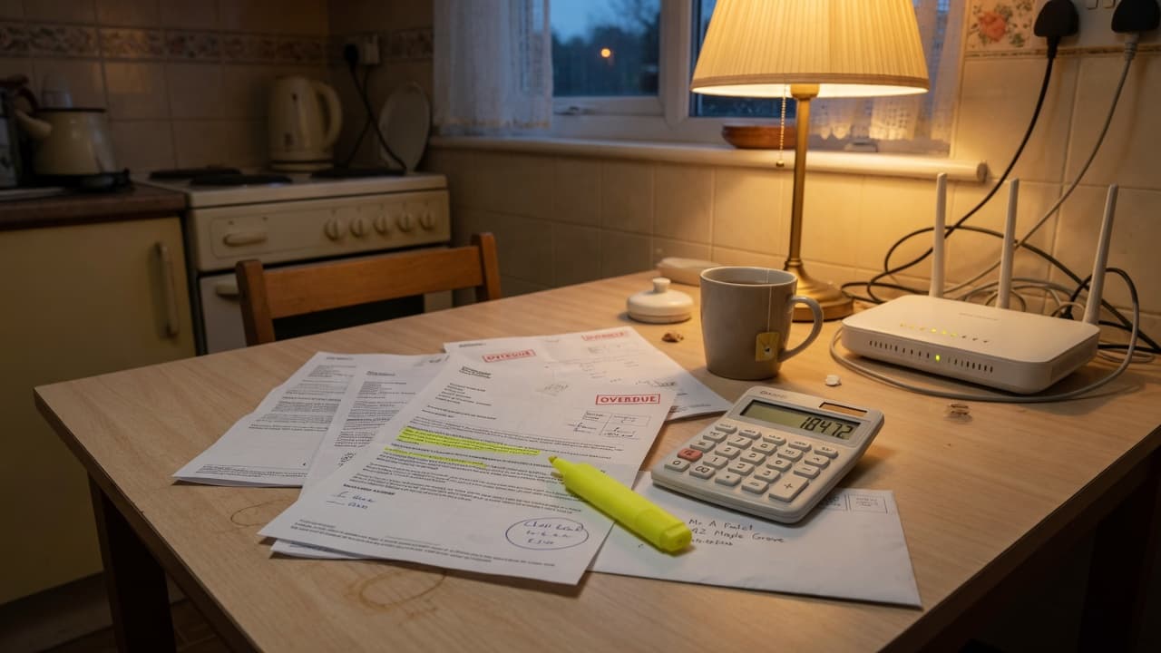 A UK kitchen table with household bills, a calculator and a home router, original BroadbandPicker artwork.