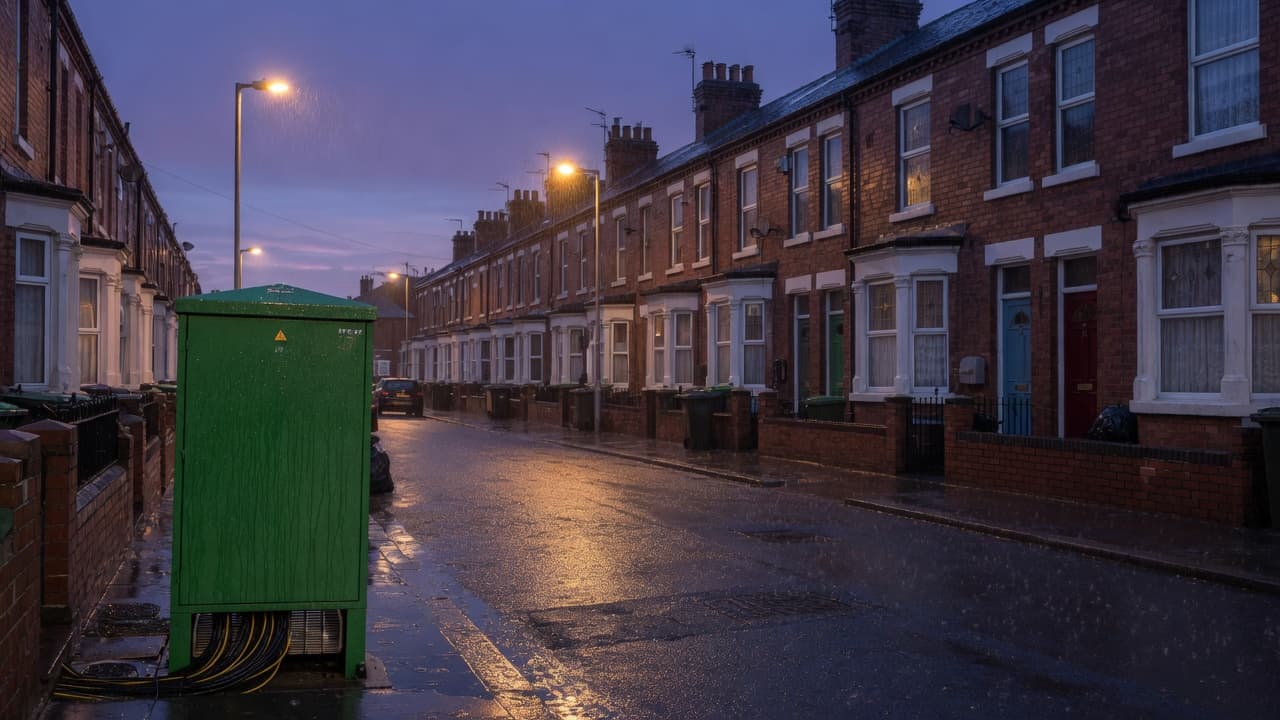 A wet British terraced street at dusk with a green roadside fibre cabinet, original BroadbandPicker artwork.