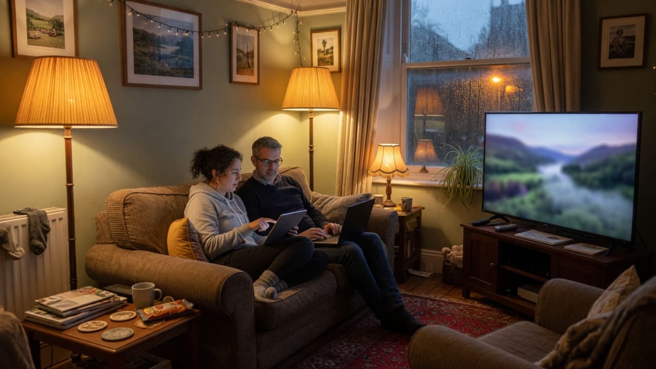 A UK living room in the evening with two people using a laptop and tablet, original BroadbandPicker artwork.