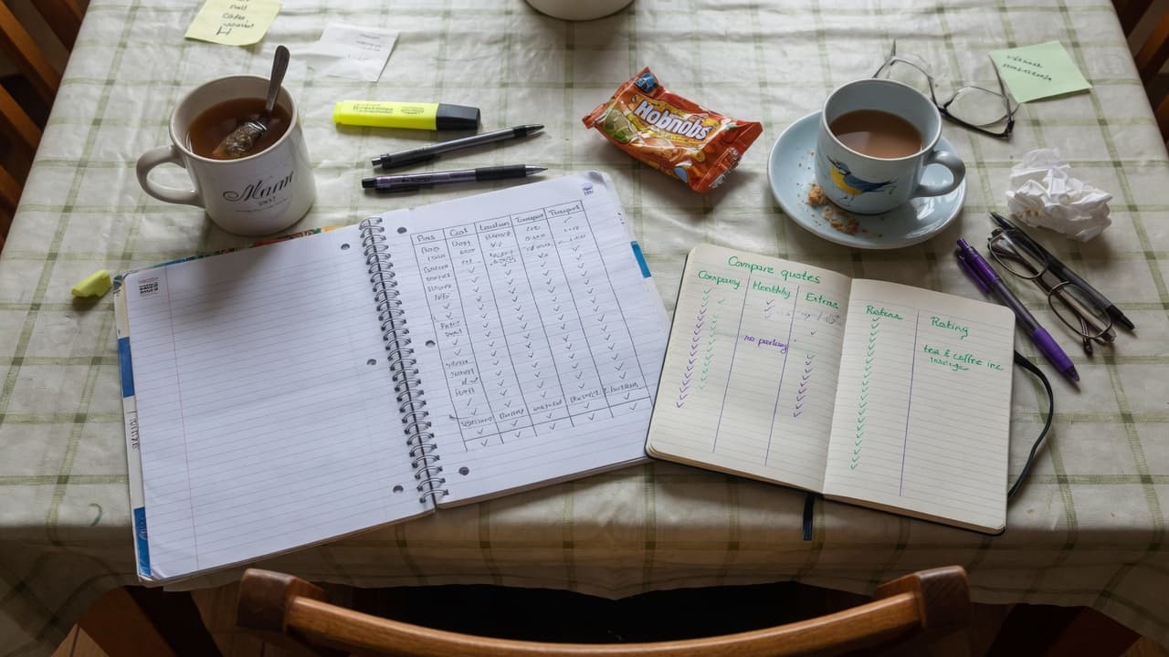 Two notebooks on a UK table used to compare broadband quotes, original BroadbandPicker artwork.