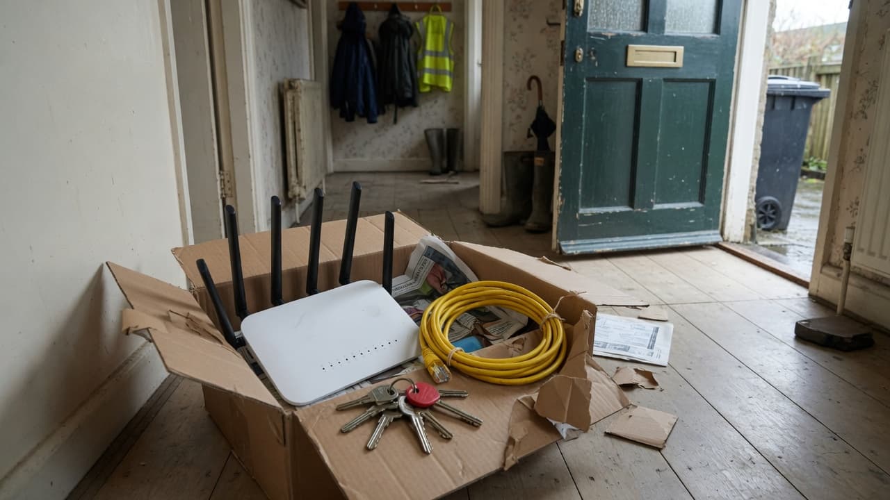 A home router, Ethernet cable and house keys in an open box in a British hallway, original BroadbandPicker artwork.