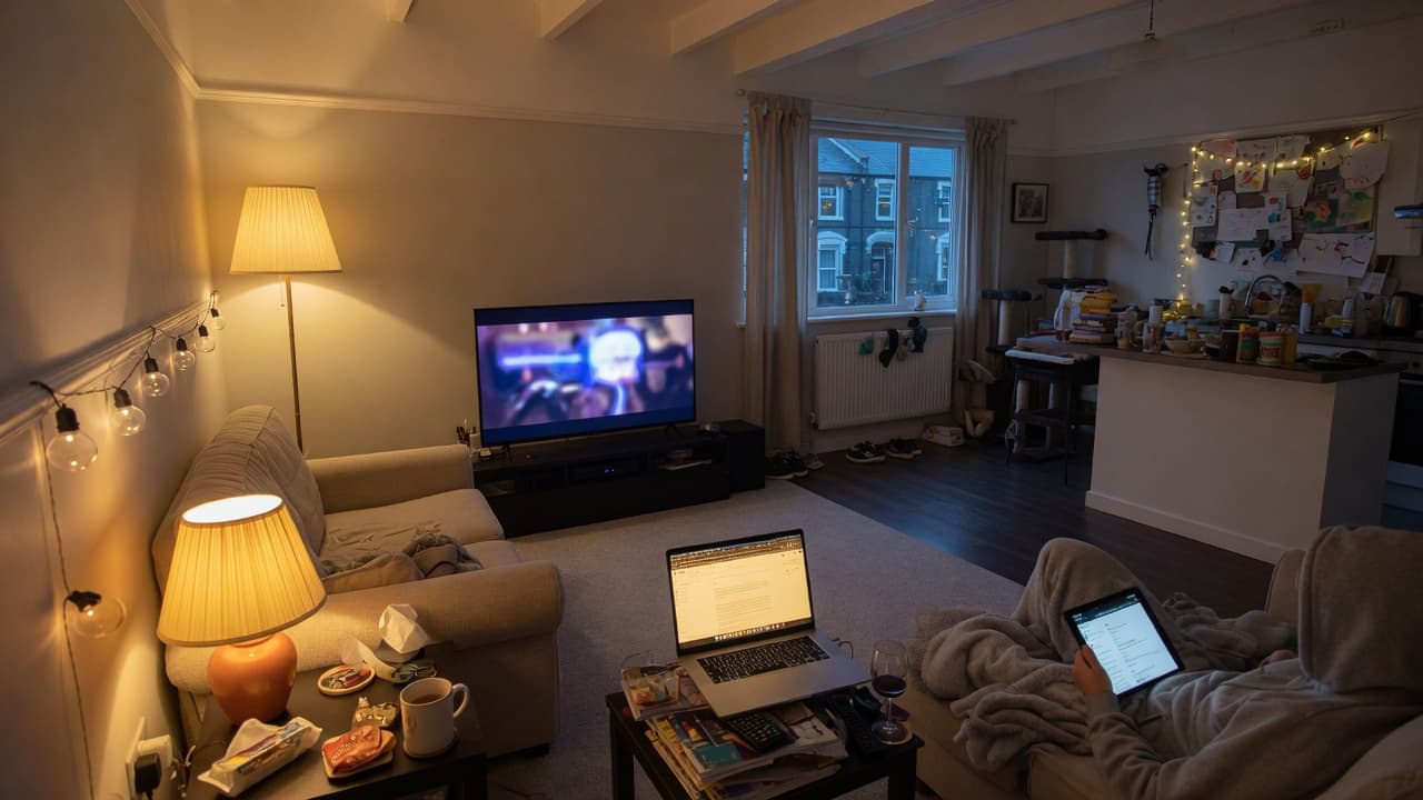 A UK living room with a television, a laptop on the coffee table and someone on a tablet, original BroadbandPicker artwork.